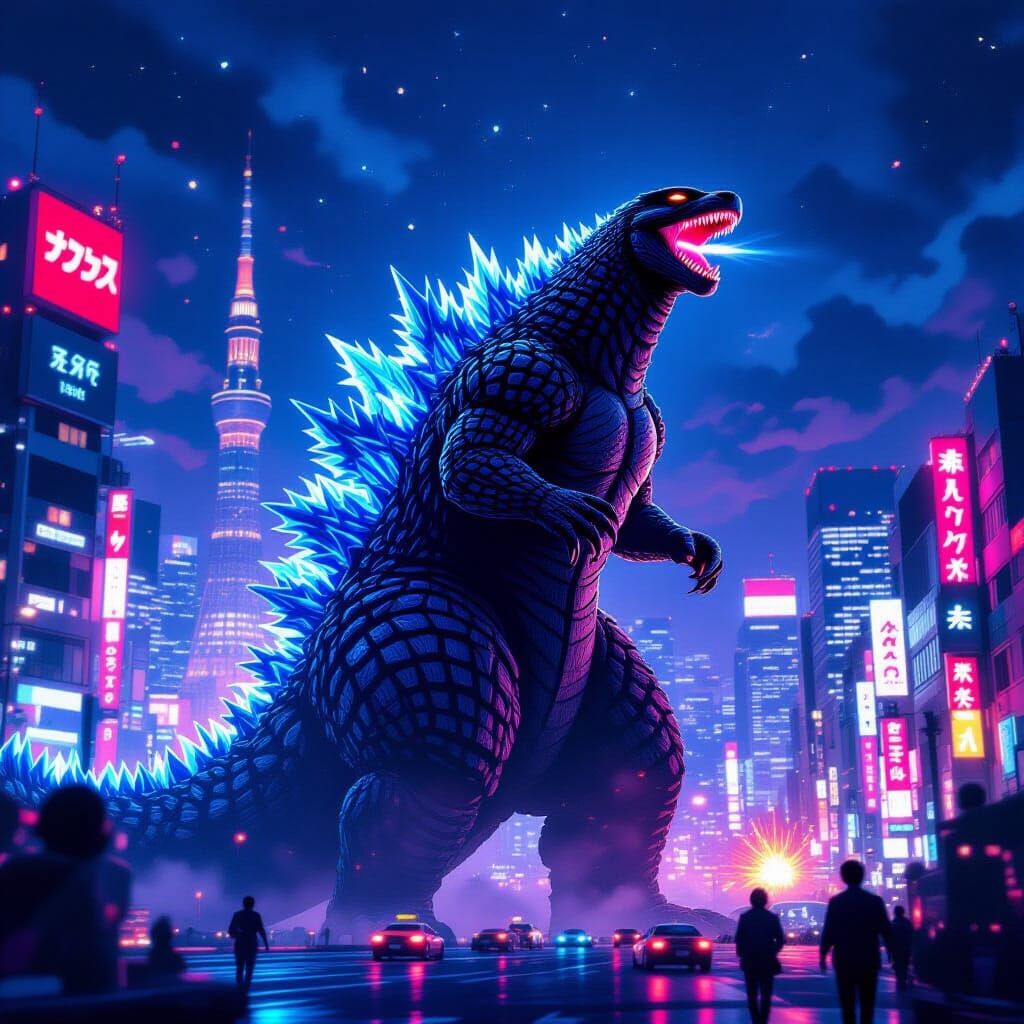 Colossal Godzilla Roars in Neon Tokyo Cityscape