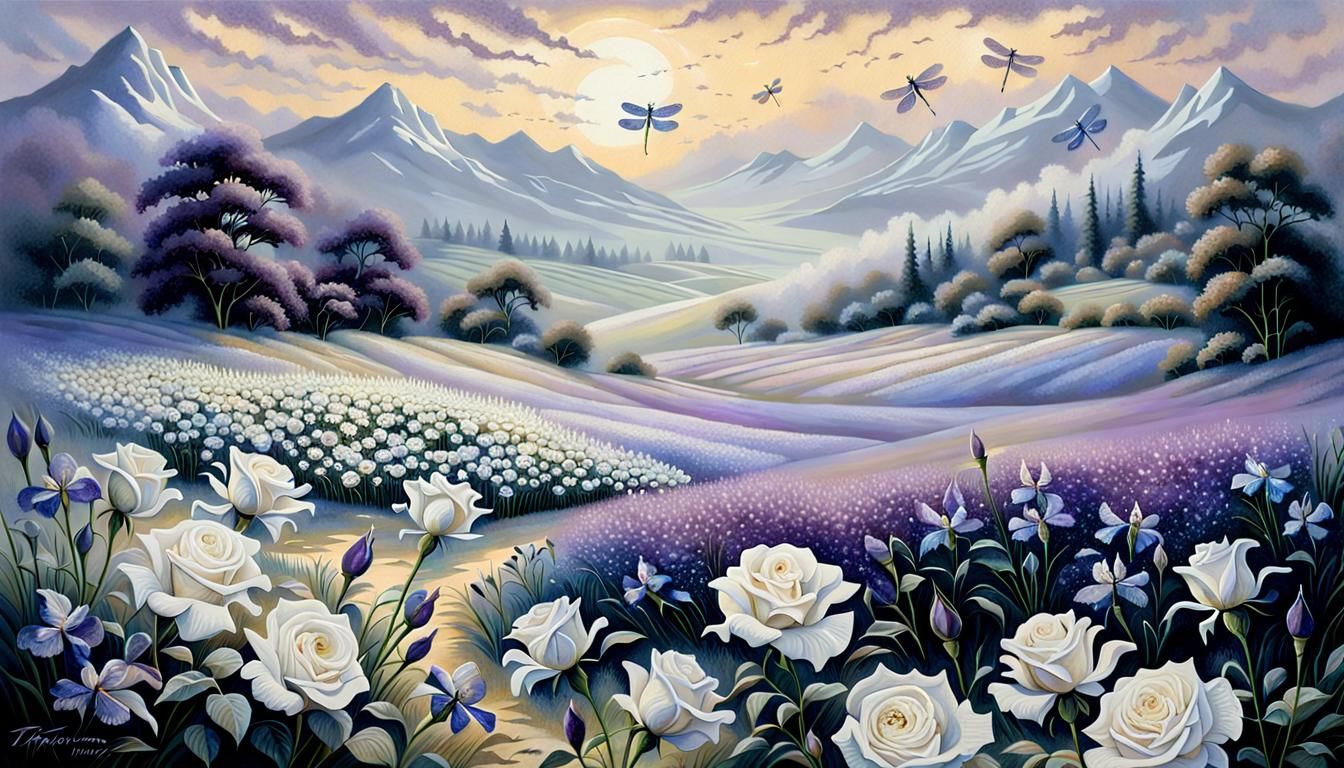 White Roses field, White Roses, White Roses, Purple Iris, dr...