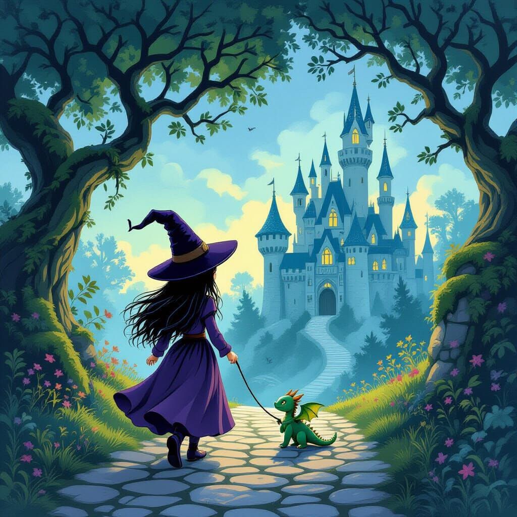 Cute Witch Walks Baby Dragon Past Castle in Storybook Style