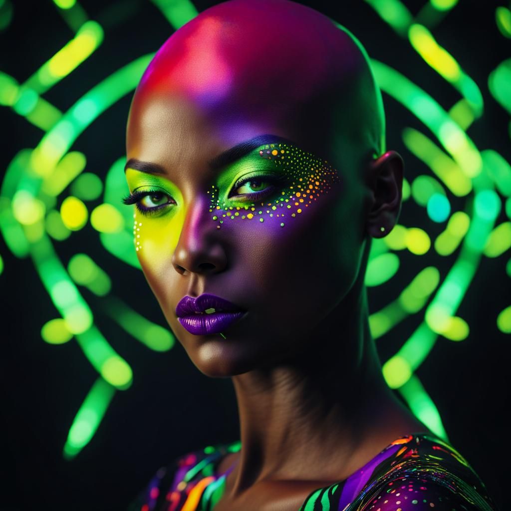 Striking Portrait of Woman with Neon Map Overlay