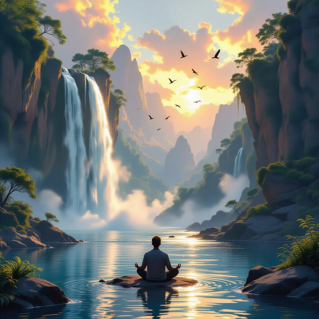 Man Meditating by Waterfall in Ethereal Golden Hour 3D