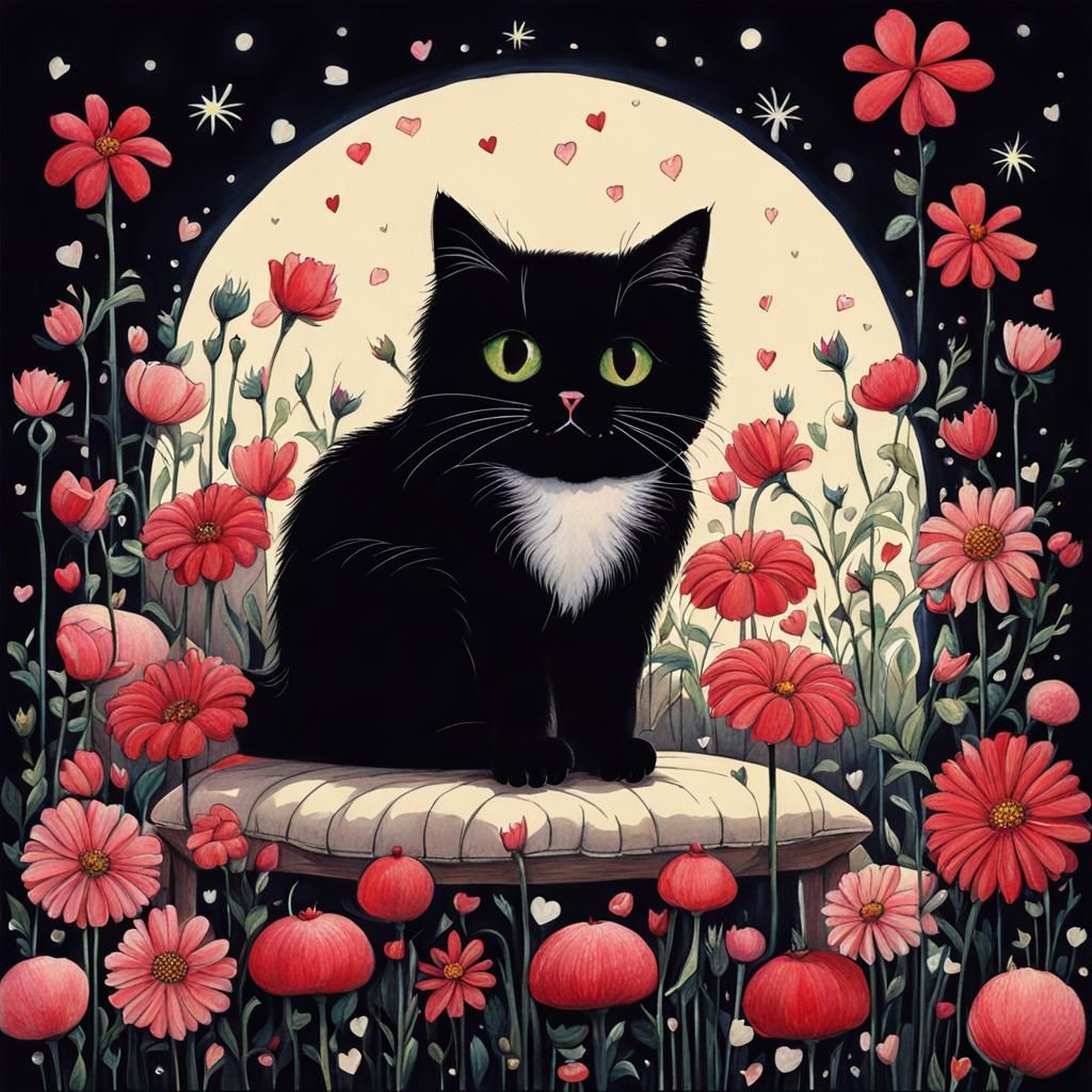 Cat with Flowers in Gothic Dark Fantasy Style