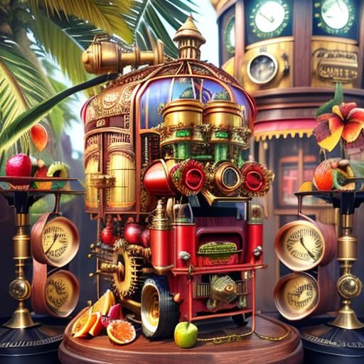 Steampunk Tropical Fruit Machine: Detailed 3D Render
