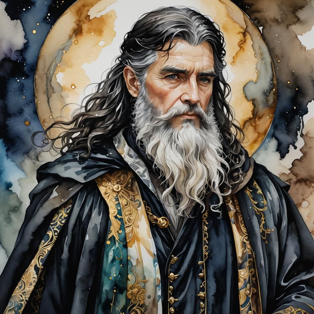 Merlin in Wizard Robes as Alcohol Ink Art
