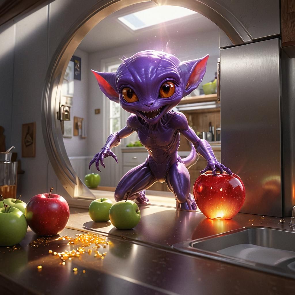 Alien Child Finds Glass Apple, Hyperdetailed Art
