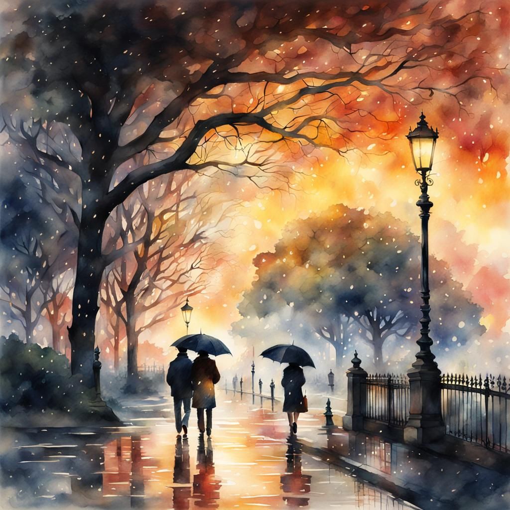 Rainy Sunset Walk in Park: Watercolor Painting