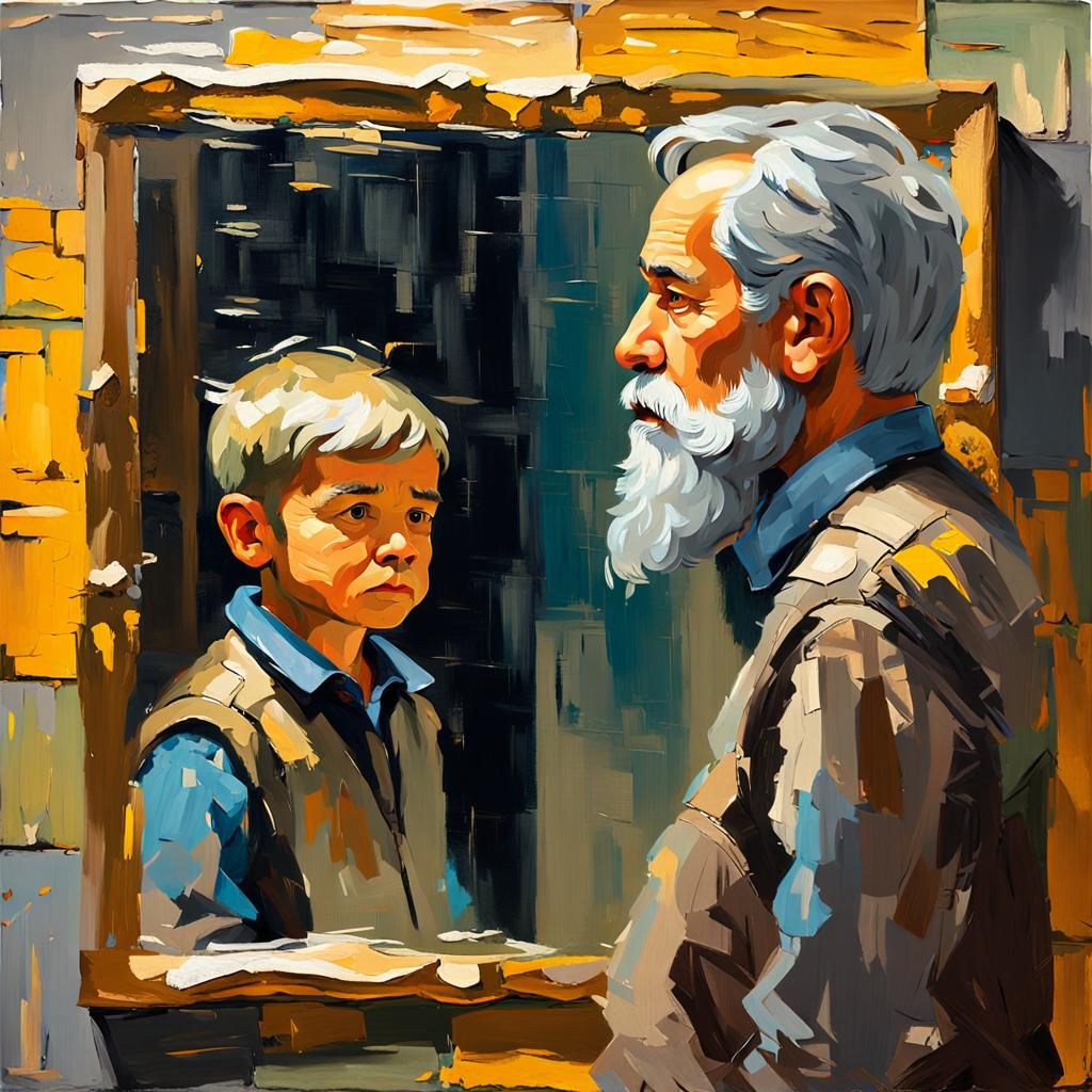 A young child  looks into a wall mirror, his reflection shows an old man with a gray beard and gray hair, dramatically.
...