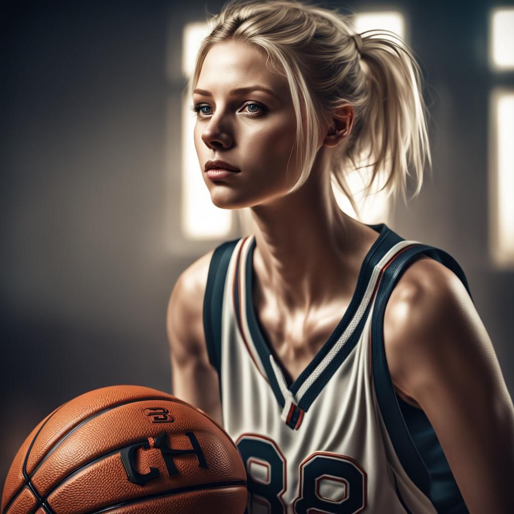 White girl  basketball player with blonde hair. With a jerse...