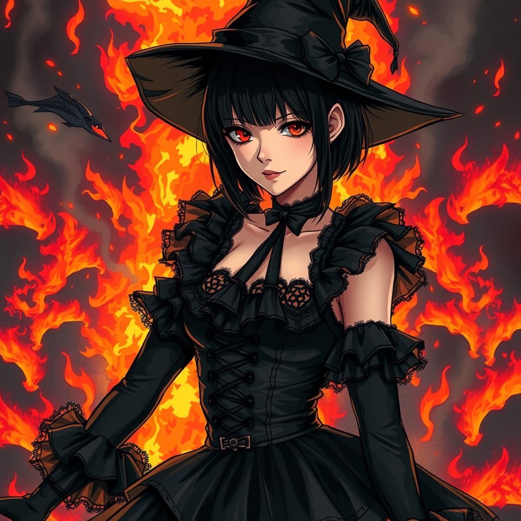 Anime Witch with Fiery Eyes in Gothic Outfit
