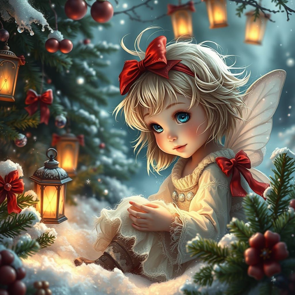 Whimsical Christmas Fairy Girl in Enchanted Winter Garden