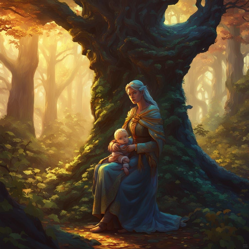 Archdruid with Child in Forest: Vibrant Oil Painting
