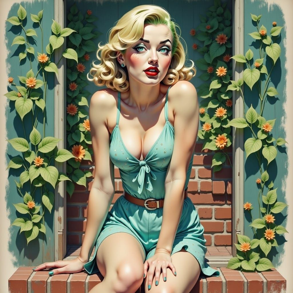 Blonde Woman in Sundress Blowing Kiss, Digital Art