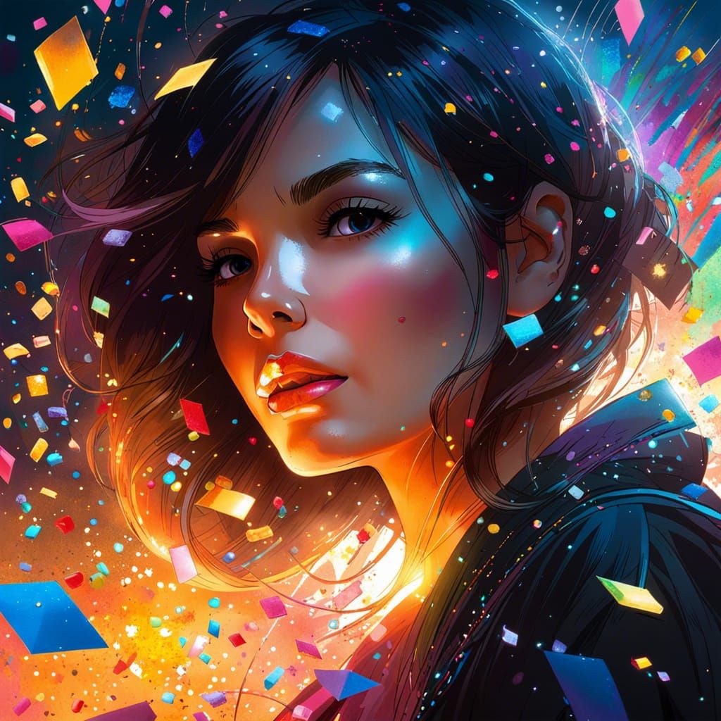 Magical Confetti Explosion with Woman, Artstation Quality