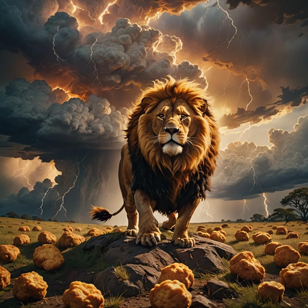 Lion Rides Chicken Nugget: Vibrant Oil Painting