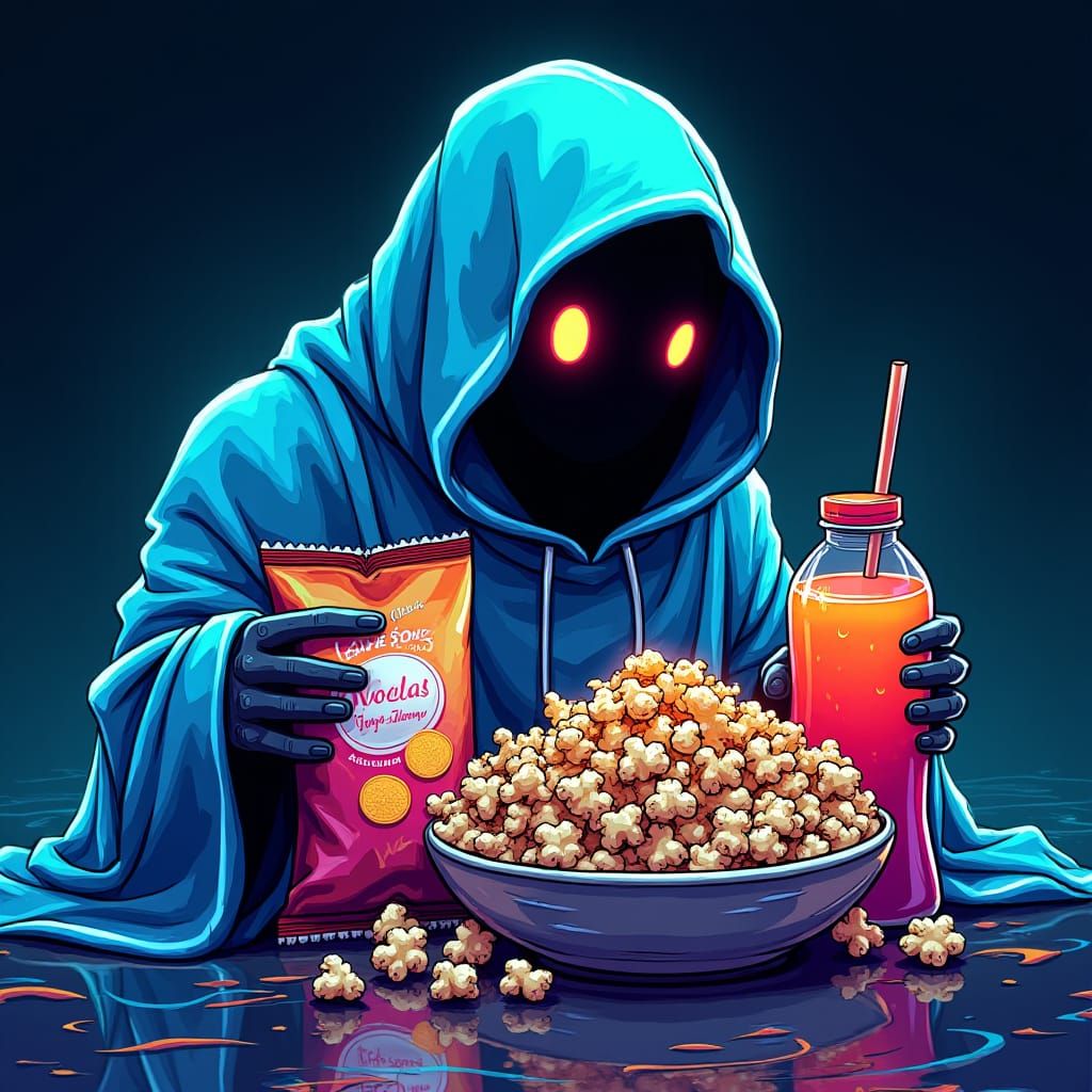 Synthwave Comic Art of a Ghost with Snacks