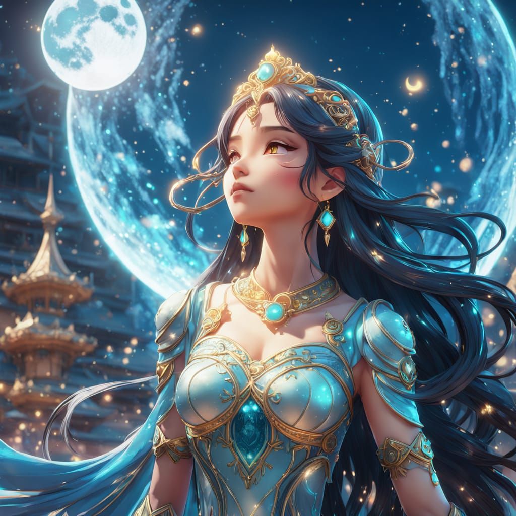 Dreamy Anime Princess Jasmine Kisses the Glowing Moon in Sof...