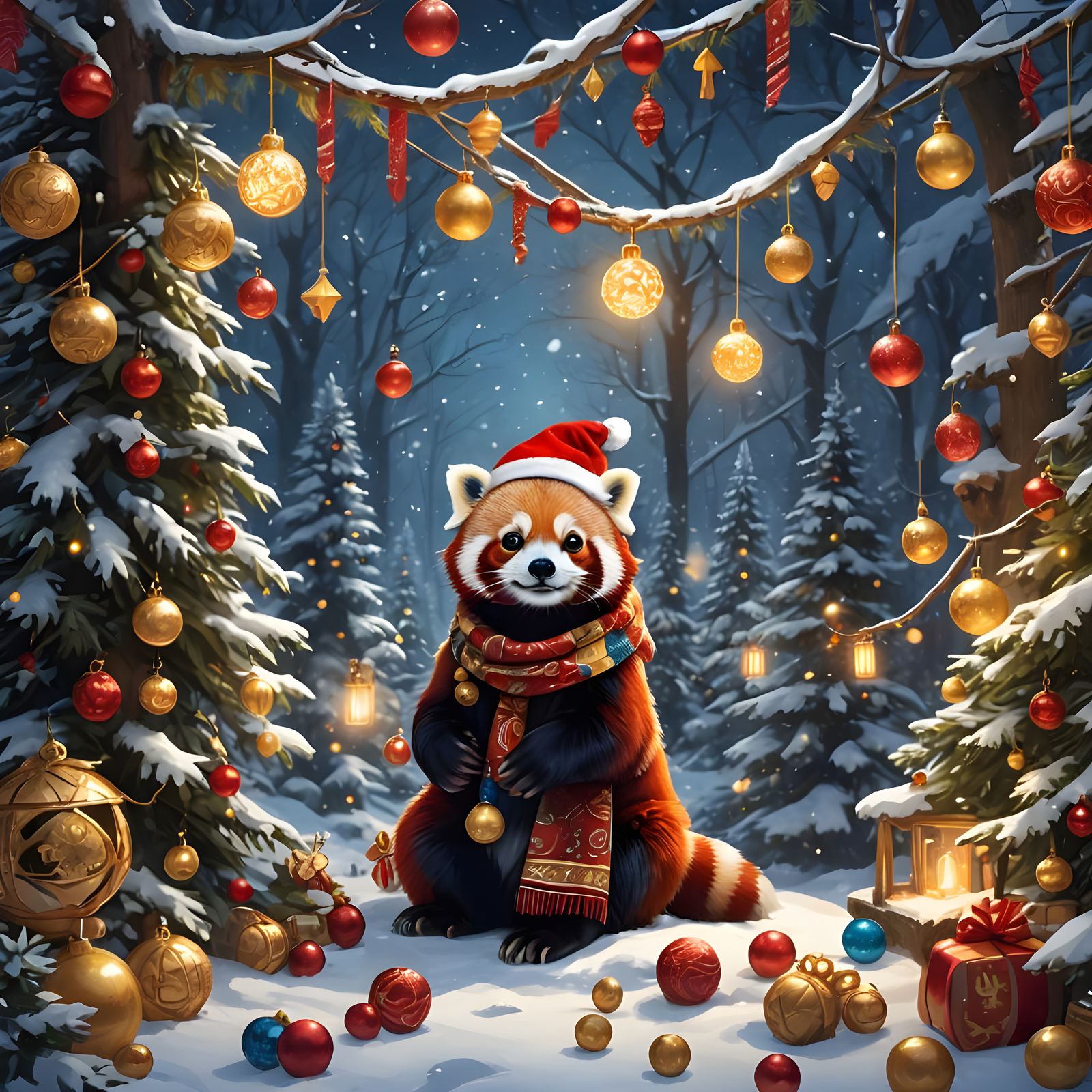 Red Panda's Christmas Eve: Detailed Fantasy Art