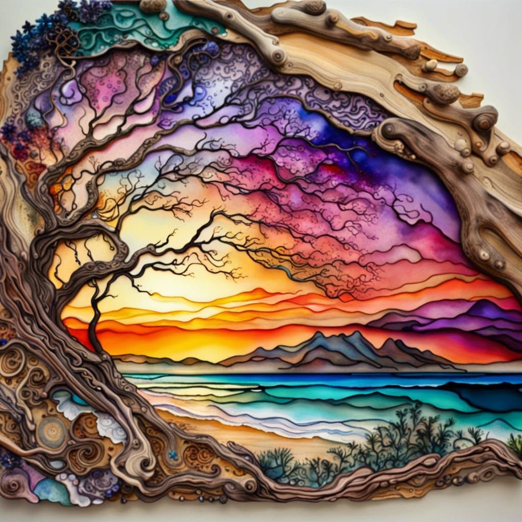 Beach Sunrise Landscape in Alcohol Ink Style