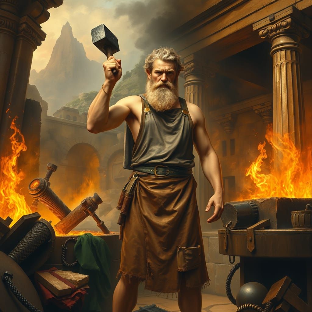 The God of Forge, Hephaestus, in a Pre-Raphaelite-Inspired S...