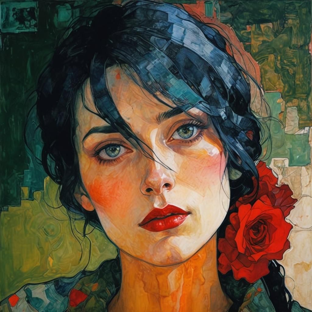 Elegant Goth Girl Portrait in Organic Line Drawing Style