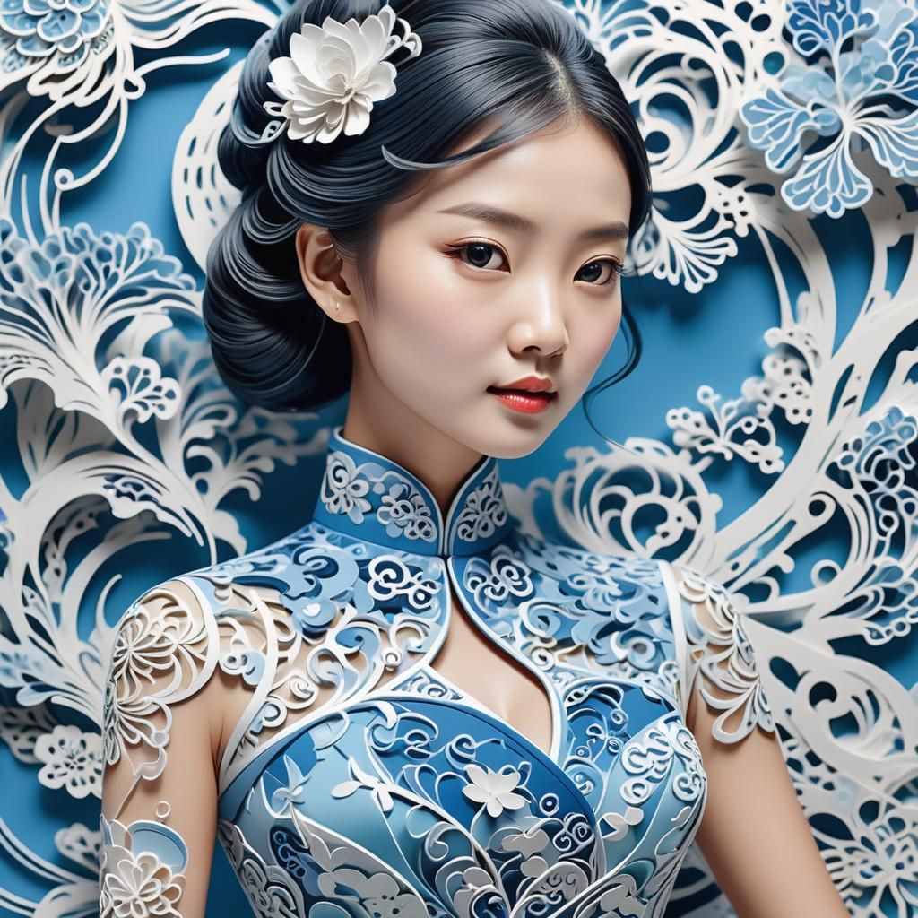 Paper Cutting Art: Woman in Cheongsam with Fractals