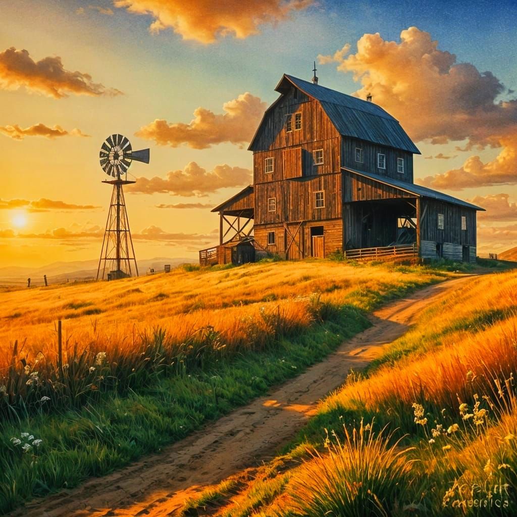 Ethereal Hudson River School-Inspired Windmill on a Desolate...