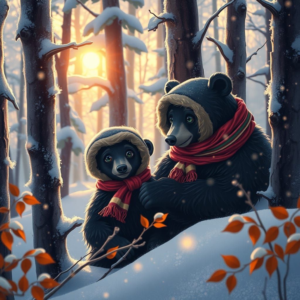 Father Bear and Cub Play Peekaboo in Whimsical Winter Wonder...