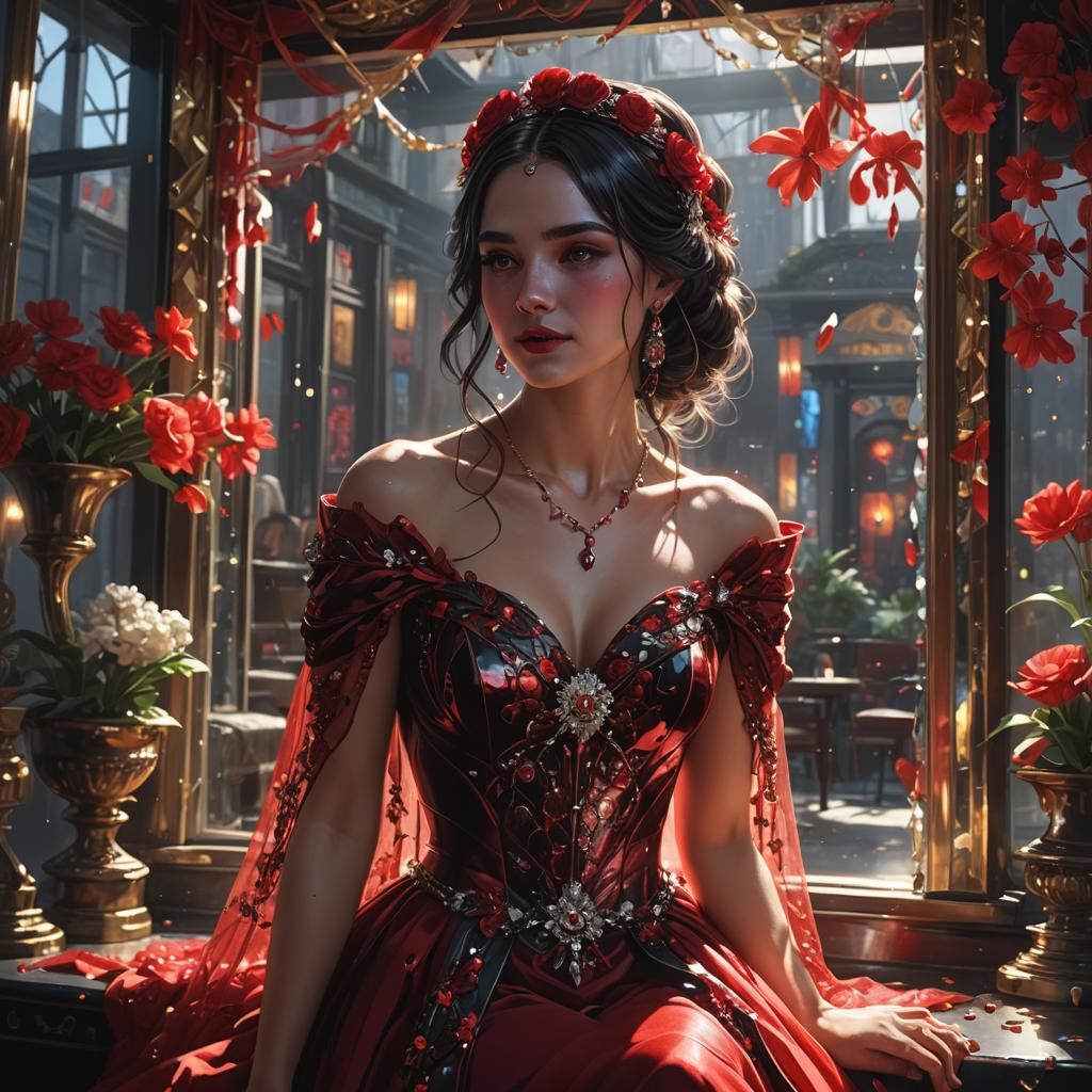 Dark Fantasy Woman with Ruby Necklace, Detailed Digital Art