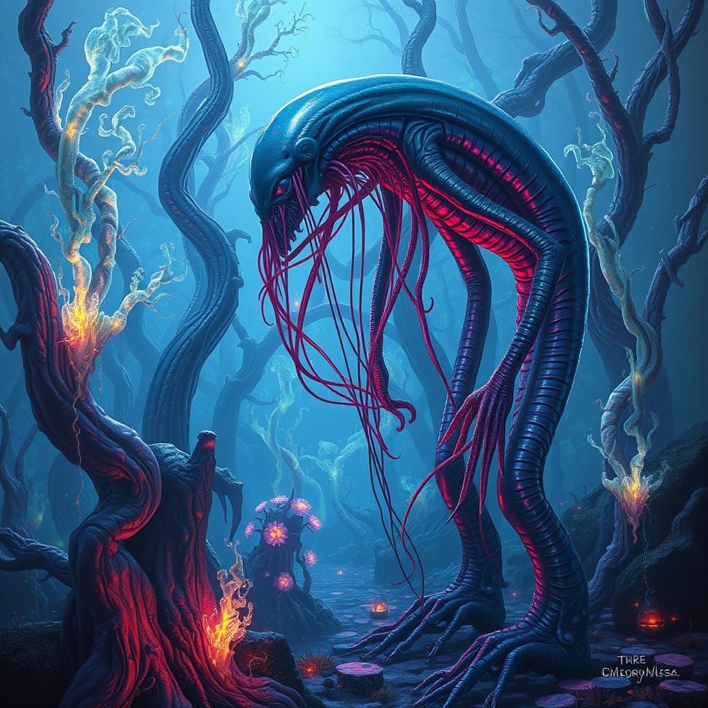 Biomechanical Beings in a Surreal, Crystal Forest Dimension