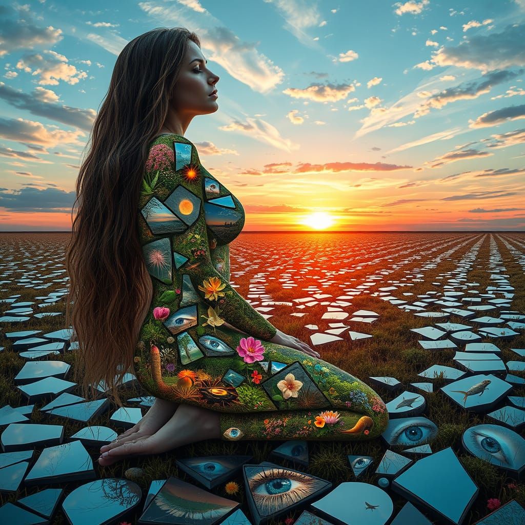 Woman in Shattered Mirror Field: a Bio-Art Collage