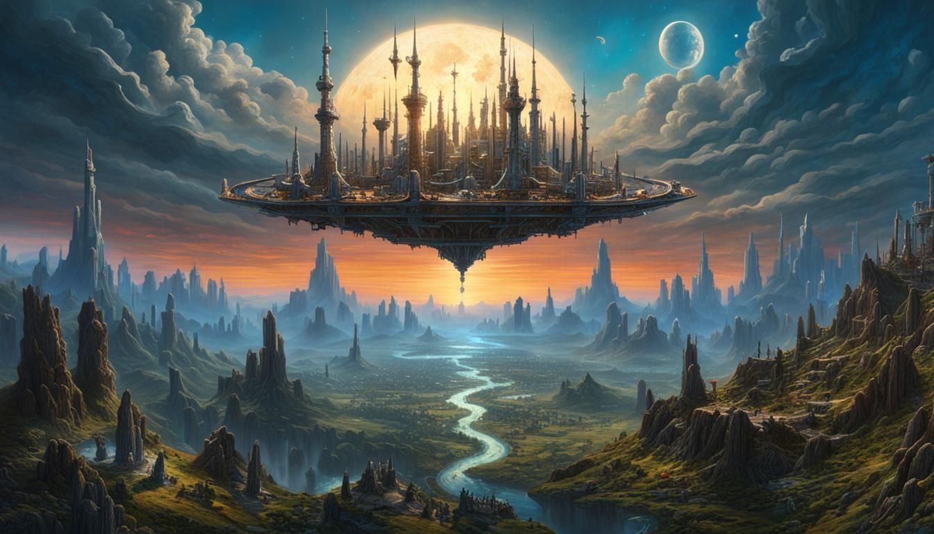 Platformed Solarpunk Cityscape with Iridescent Lights