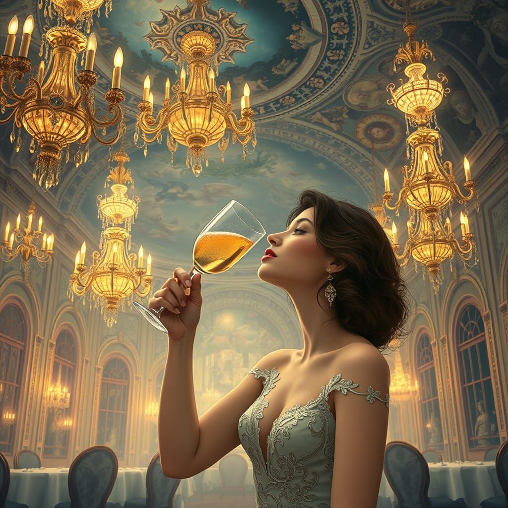 Ethereal Woman in Celestial Ballroom