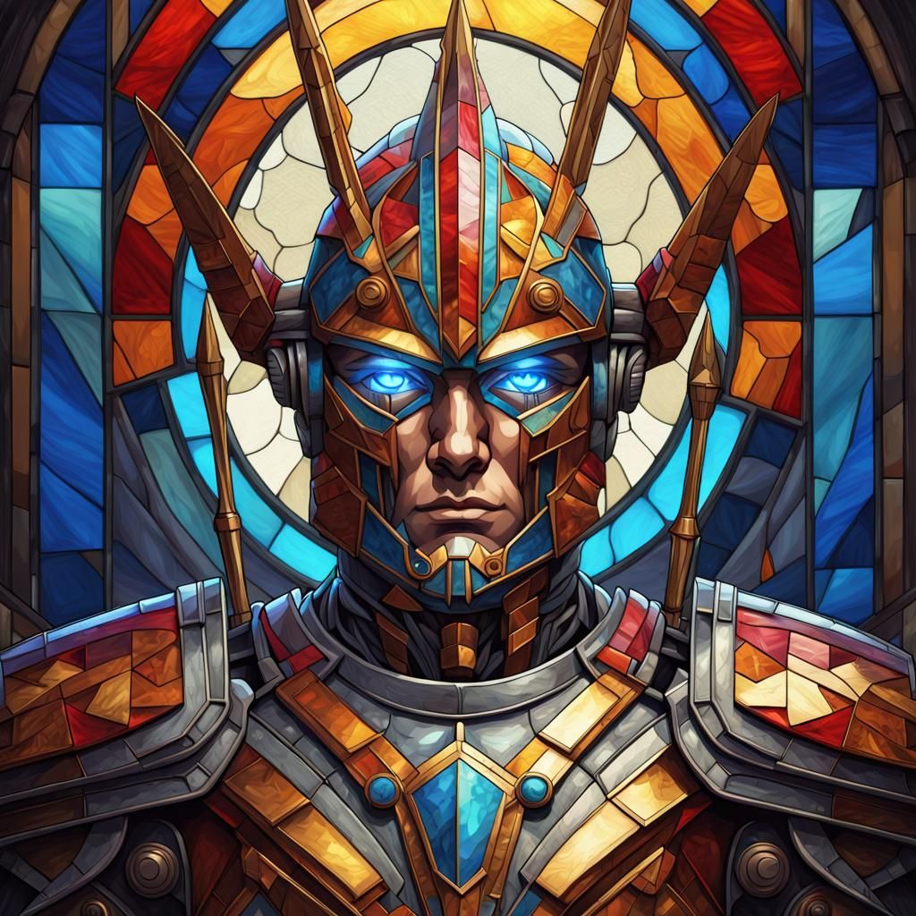 Stained Glass Robot Warrior God in Gothic Style