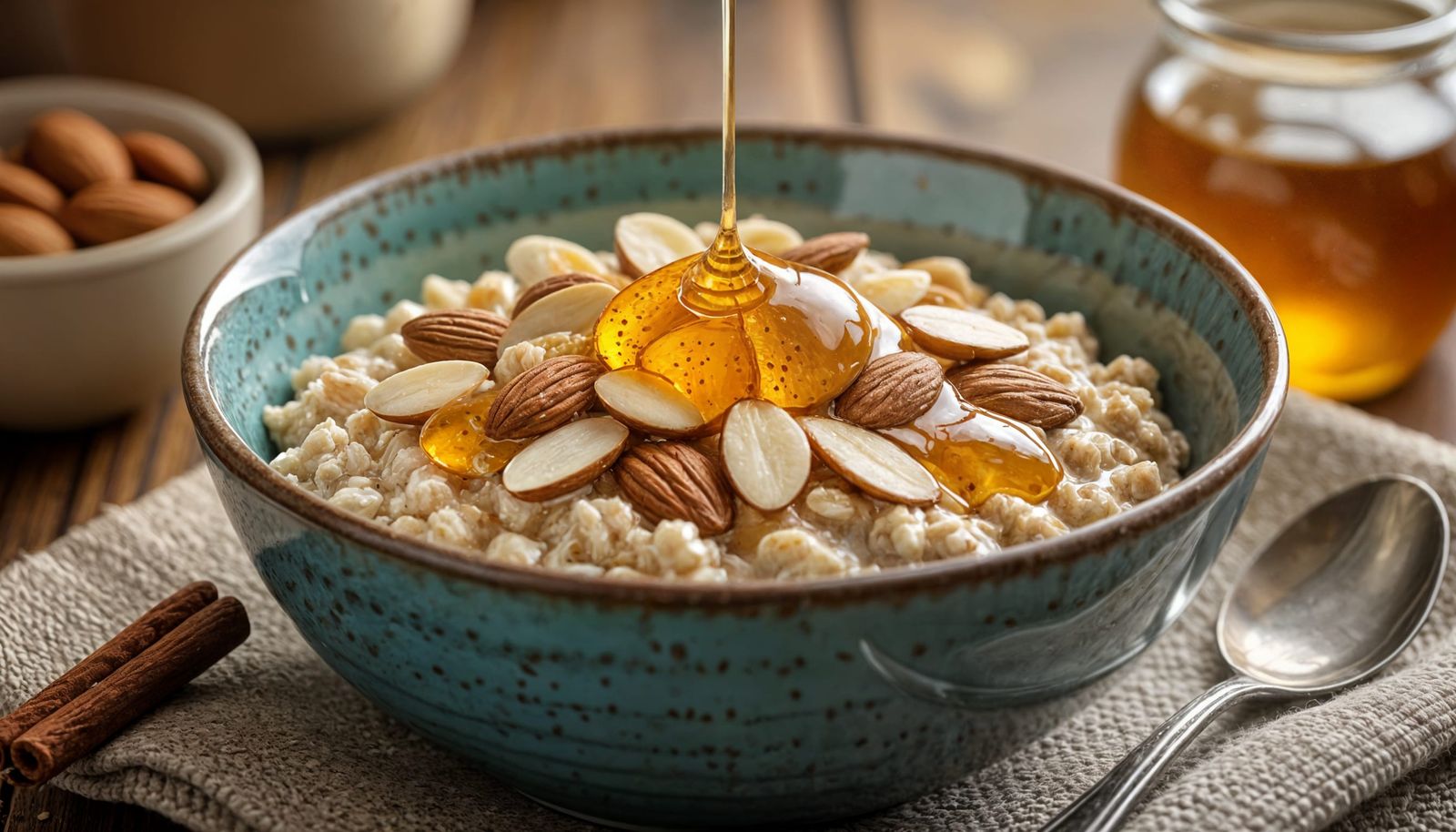 Bowl of Oatmeal with Almonds, Honey, and Cinnamon