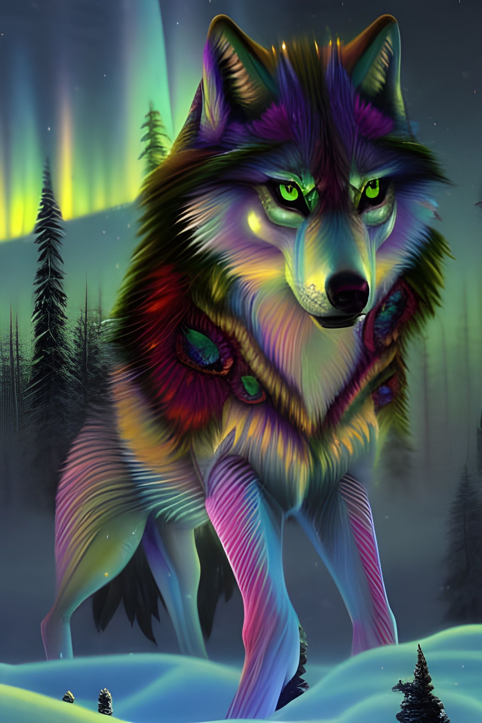 Chromatic Wolf in Psychedelic Astral Cityscape