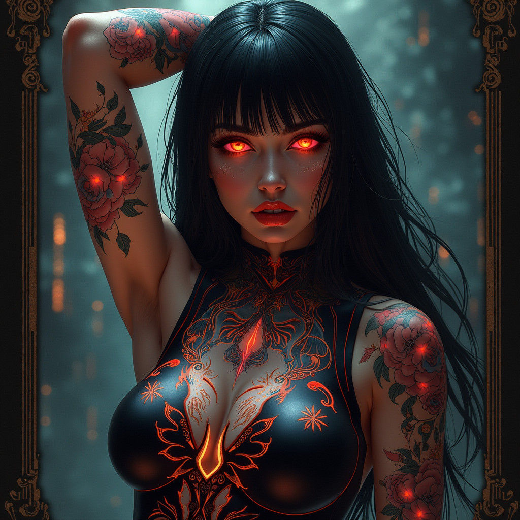 Morrigan Tarot Card in Cyberpunk Art Nouveau Style