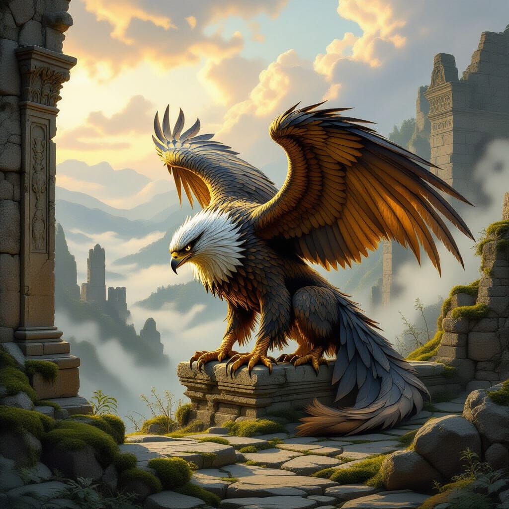 Golden Griffin Overlooking Misty Valley Ruins