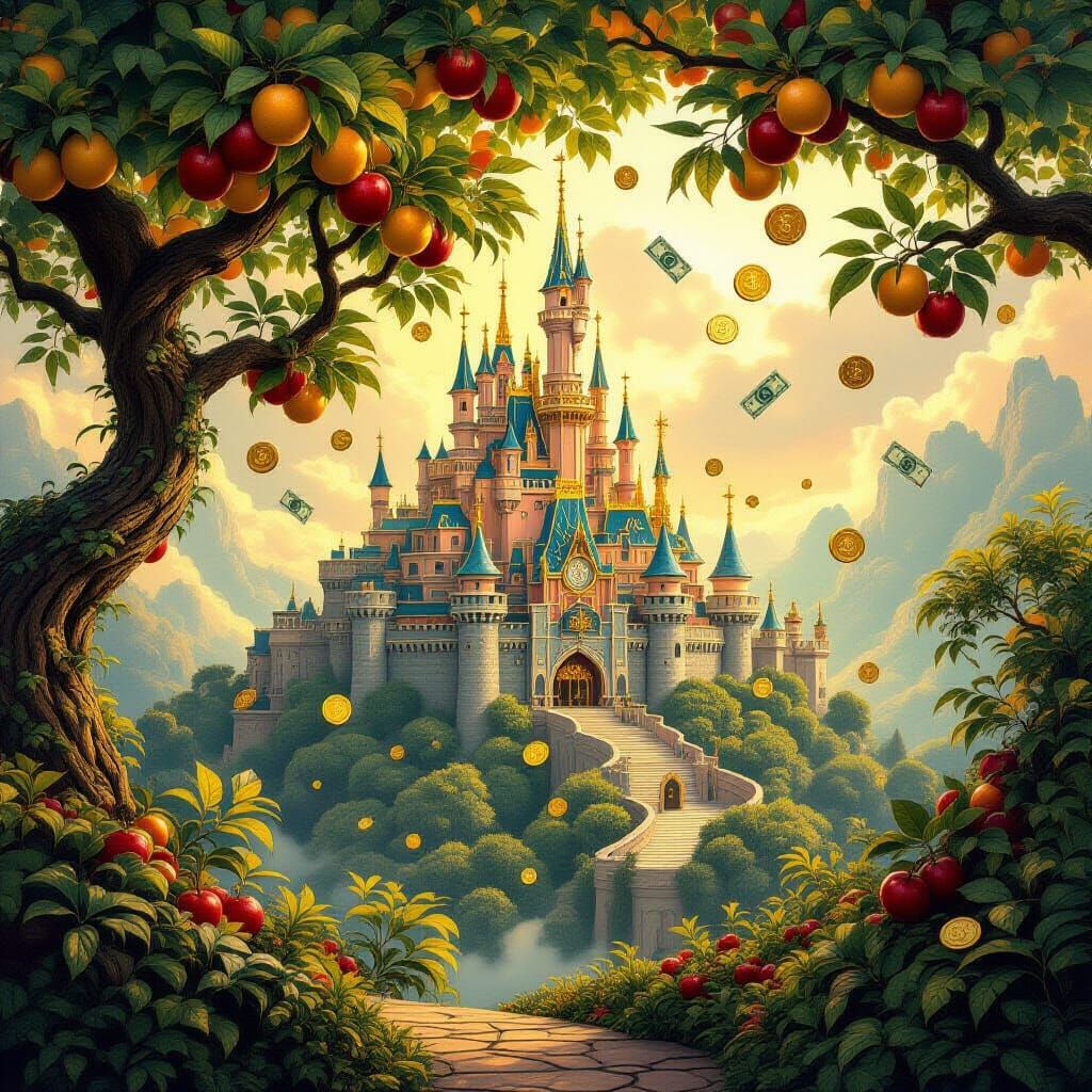 Fantastical Castle with Money Trees in Luminous Style