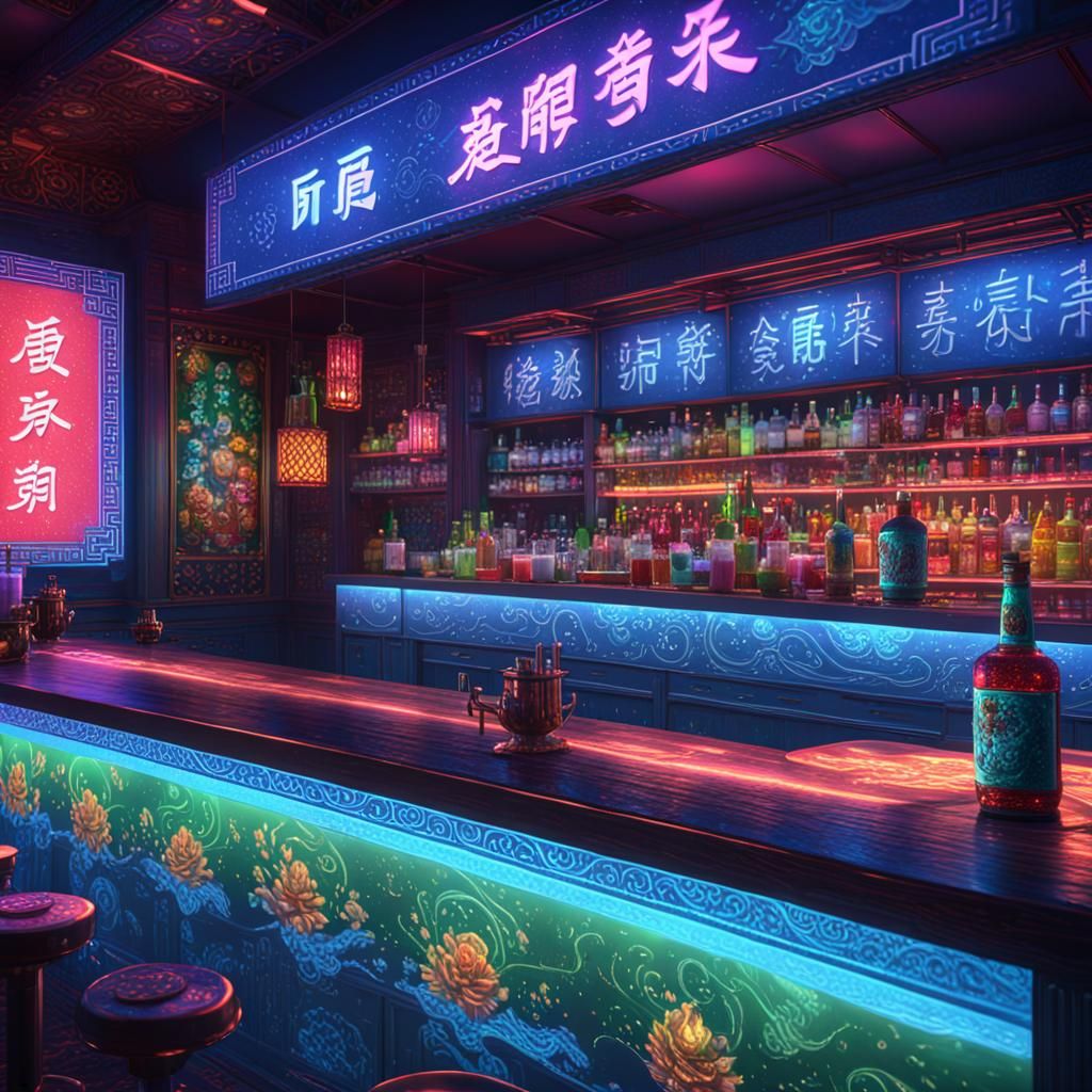 Chinese Bar With Bartender Serving Fluorescent Drink