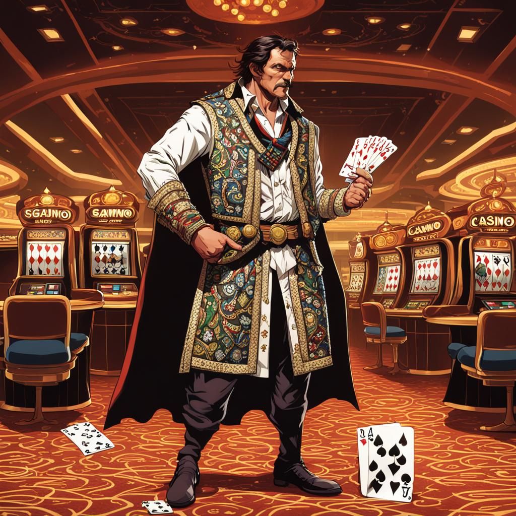 The Gambler Superhero in Casino with Dice and Cards