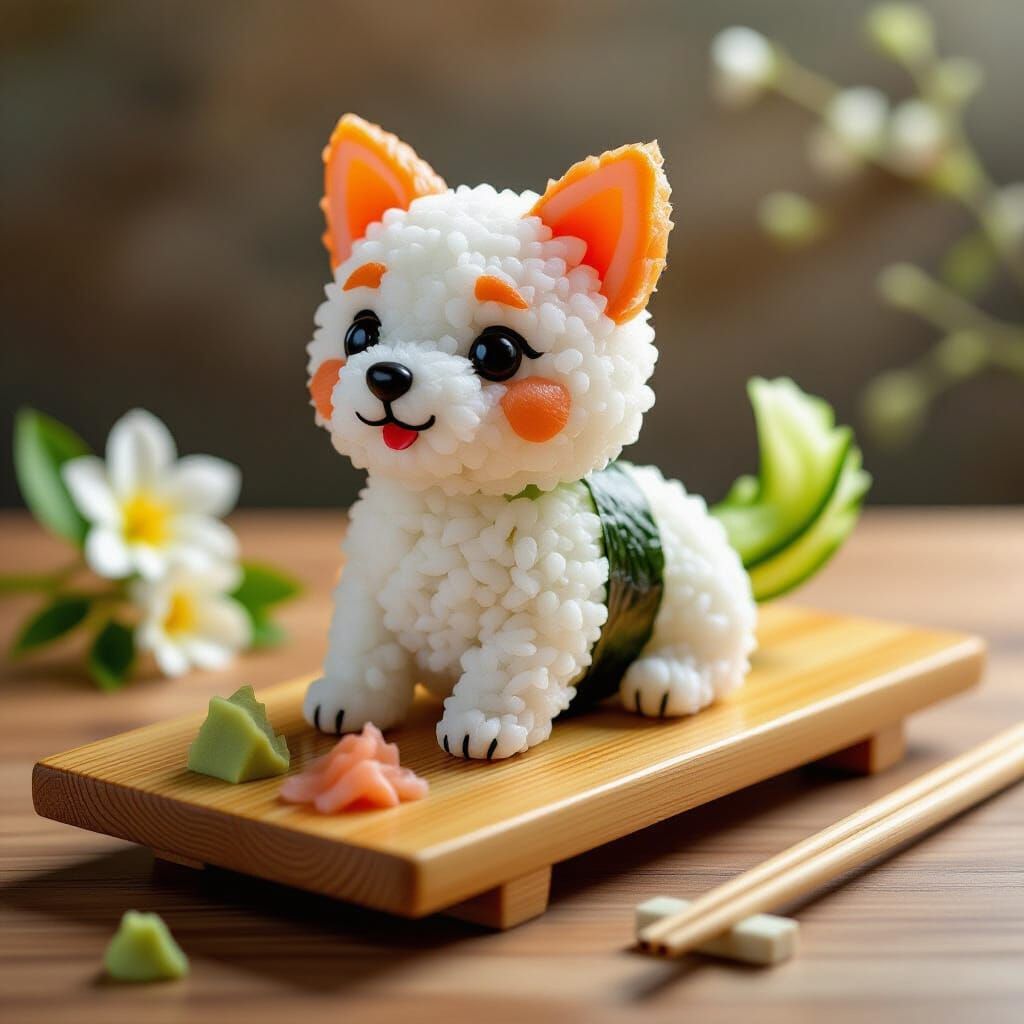 Adorable Sushi Puppy on Wooden Board, Photorealistic Style