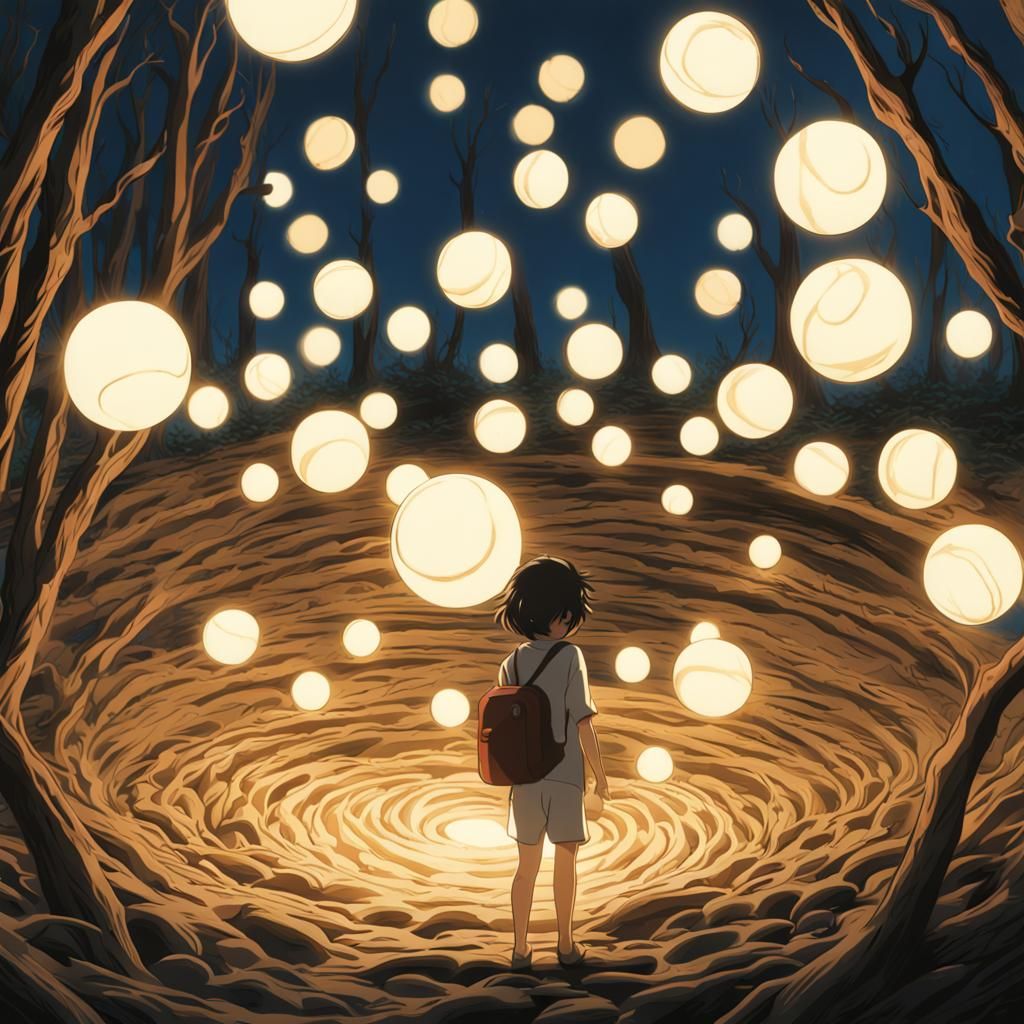 Glowing Orbs Wood Block Print in Anime Style