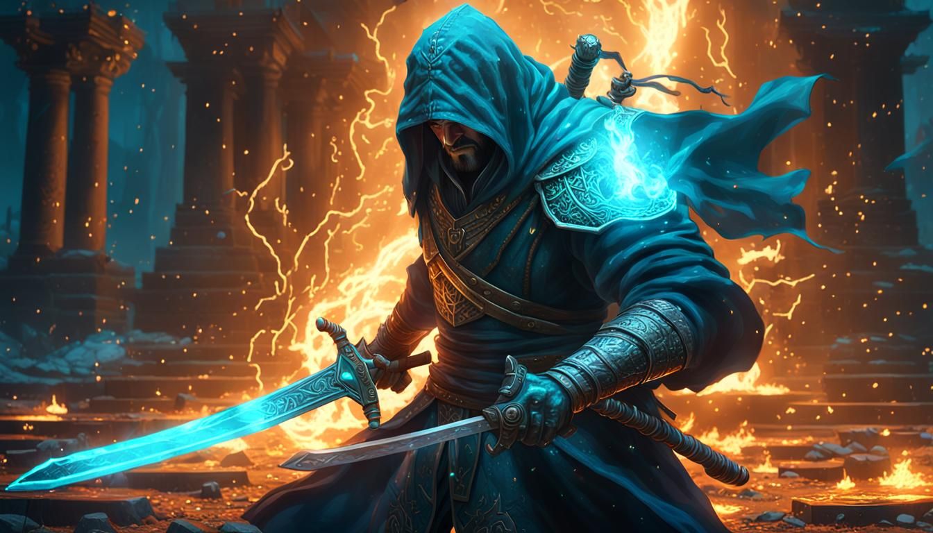 Cyan Sword with Lightning in Gem, Dark Fantasy Art
