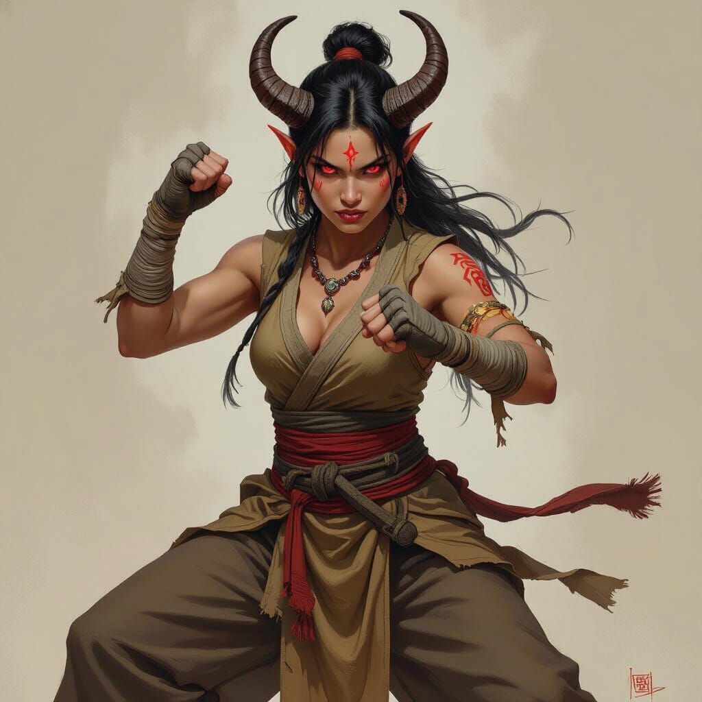 Fierce Tiefling Monk in Burning Village, Dramatic Digital Ar...