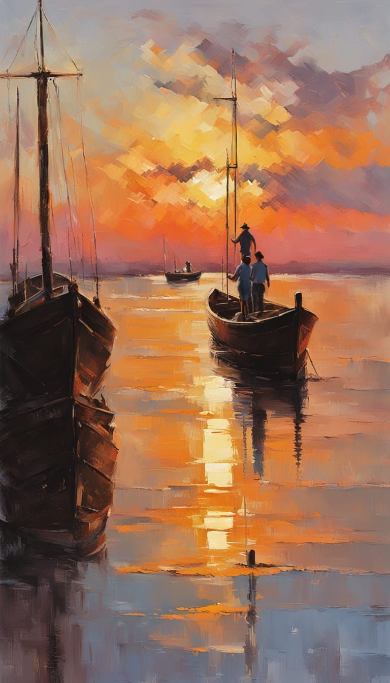 Couple Enjoying Coffee at Sunrise on Sailboat, Oil Painting
