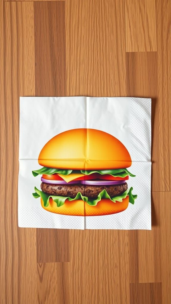 A paper Napkin with a design of Burgers printed on the surfa...