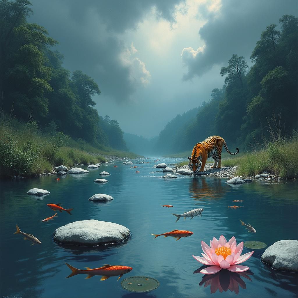 Tiger Drinking from River with White Stones