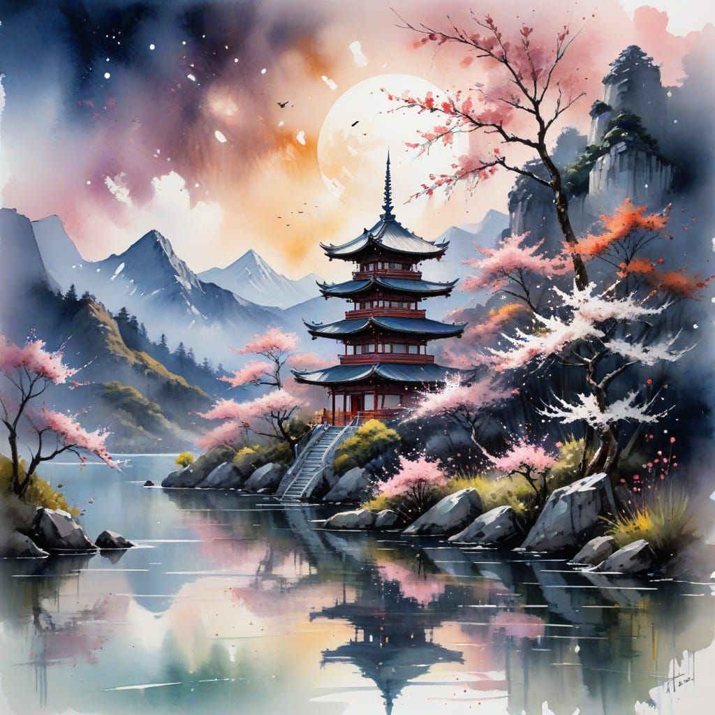 Mountainside Pagoda with Cherry Blossoms in Watercolor