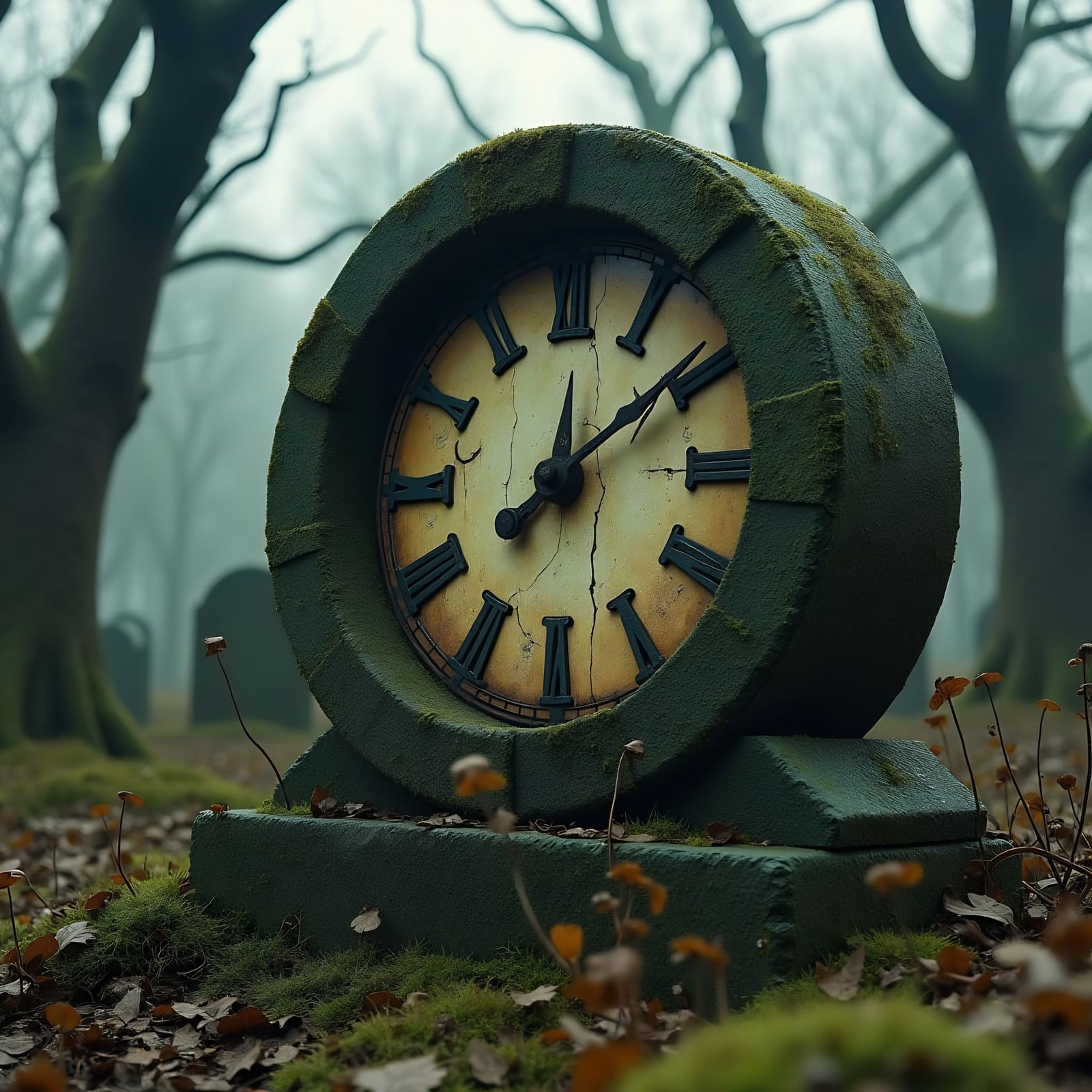 Clock on Gravestone with Leafless Trees