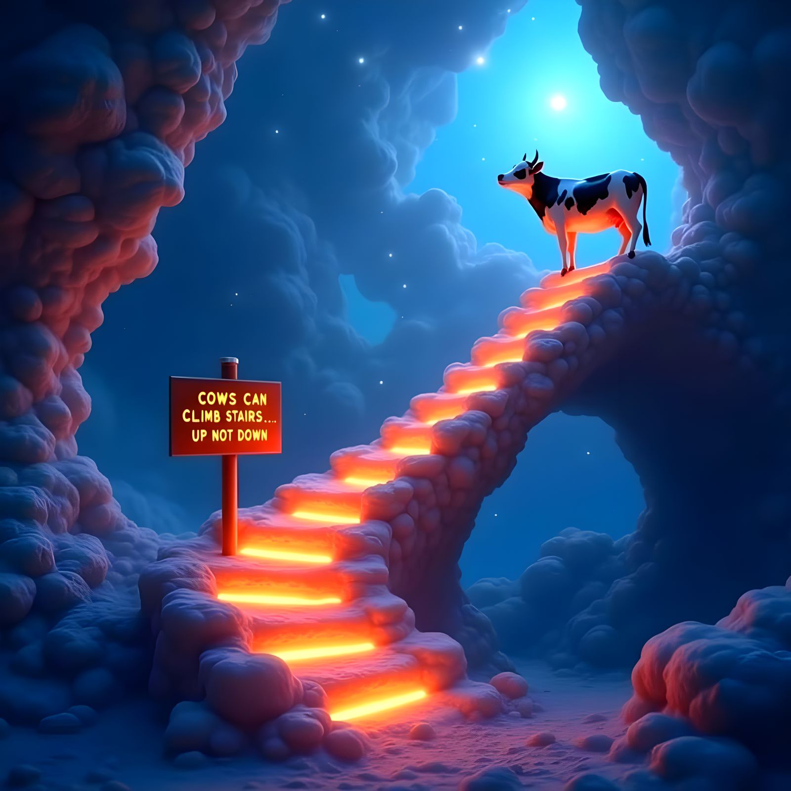 I Filled in the Blanks With: 1) "cow, next to a sign that says 'Cows can climb stairs... up not down'" 2) "quartz"